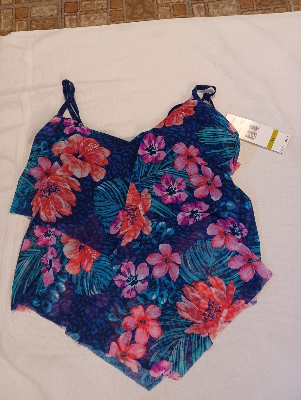 Beach House Navy Floral Swim Suit Top with Pink & Coral Flowers Size 14